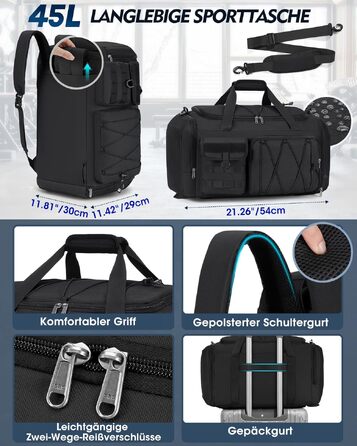 Спортивна сумка RAINSMORE 45L 3-в-1 для фітнесу та подорожей, водонепроникна дорожня сумка з відділенням для взуття та мокрих речей, чорна