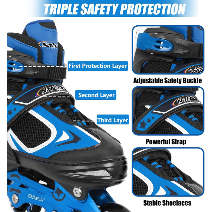 Ролики дитячі Nattork з підсвічуванням, блакитні, 32-36