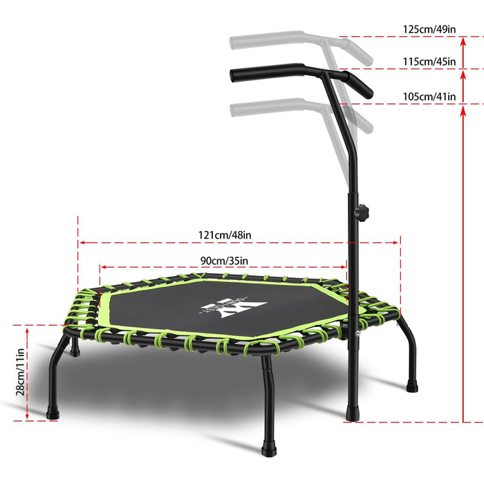 Трамплін для фітнесу 112 см, міні-трамплін для дому, регульована ручка (3 положення), система пружин, до 150 кг