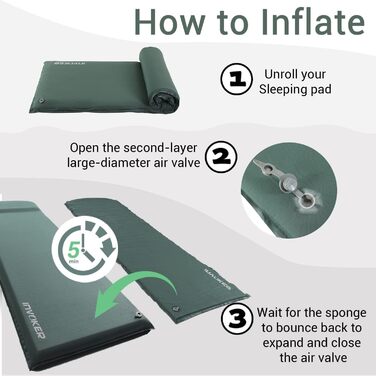 Саморозкладана туристична матрац для кемпінгу з memory foam, з вбудованим подушкам, 8 см, зелений