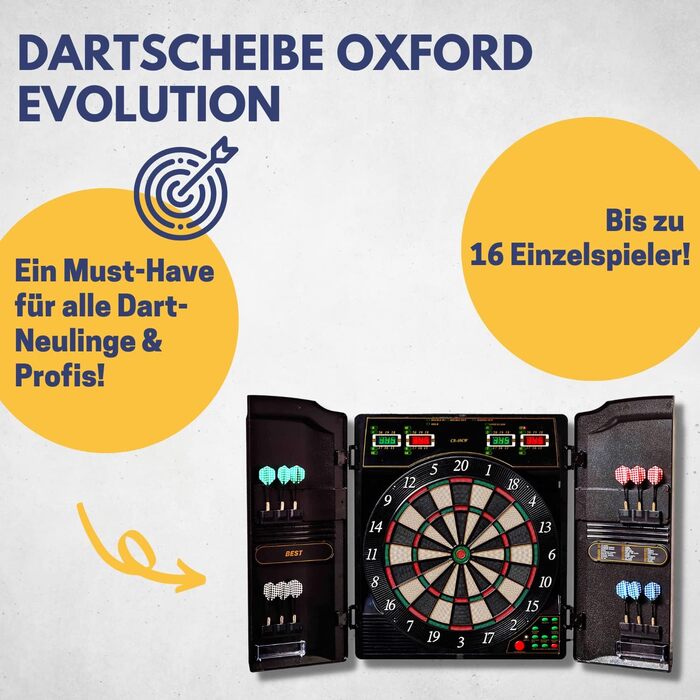 Електронна дартс-мішень Best Sporting Oxford Evolution з LED-дисплеєм, 12 дротиками, запасними наконечниками та шафкою під горіхове дерево