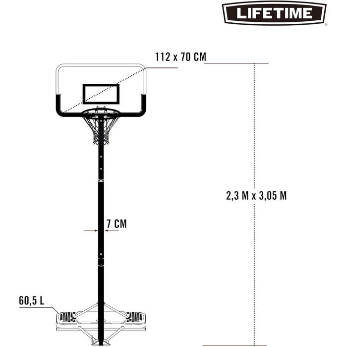 Баскетбольний кошик LIFETIME з регульованою висотою 240-305 см, стійкий до ультрафіолету, чорно-білий