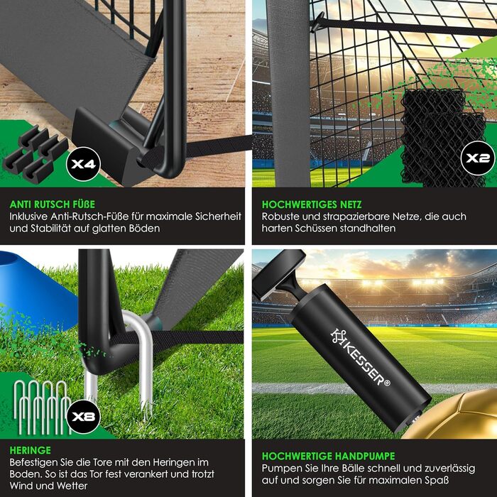 Ворота для футболу KESSER® 2 шт. | Чудовий подарунок для дітей, для гри в приміщенні та на вулиці. Комплект з тренувальним аксесуаром: конуси, мішень, спортивна сумка, насос для м'яча. Антрацит