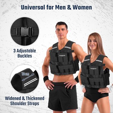 Вага для тренувань Leogreen 10/20 кг, регульована, з 20 знімними вагами, світловідбиваючими смугами, для жінок та чоловіків, біг, силове тренування, чорна