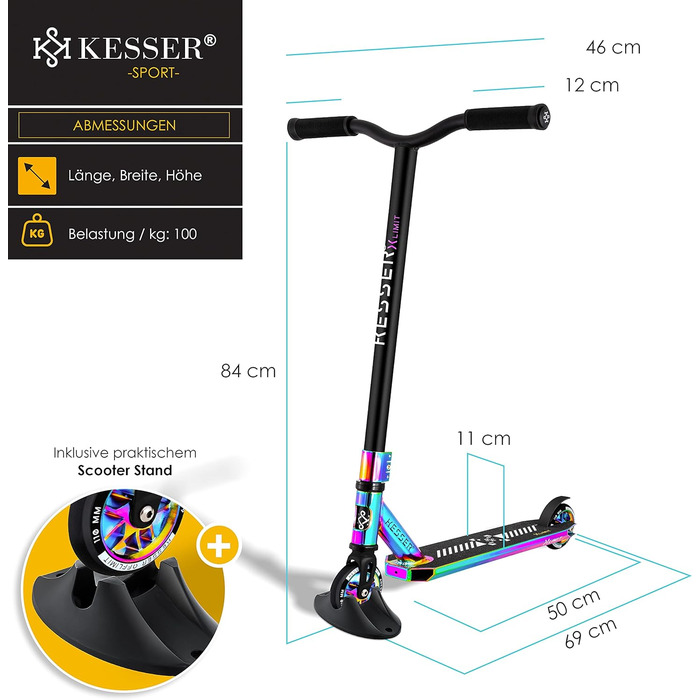 Трюковий самокат KESSER X-Limit-Pro з 360° кермом, підніжкою, підшипниками ABEC 9, 110 мм PU колесами для дітей і дорослих