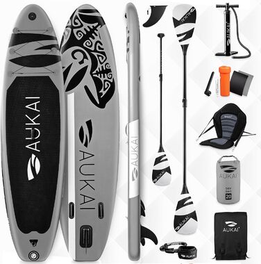 Надувна SUP дошка AUKAI PRO 320см | 2-в-1 з сидінням для каяка | 5 років гарантії | Комплект: сидіння, кріплення для Action-Cam, фіксатор для ніг, насос, рюкзак | Колір: океанічний блакитний/сірий