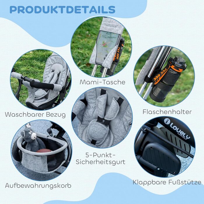 Триколісний велосипед HOMCOM 6-в-1 з батьківською ручкою для дітей 1-5 років (до 25 кг), з реверсом, кошиком, тримачем для пляшки, сонцезахисним дахом (сірий)