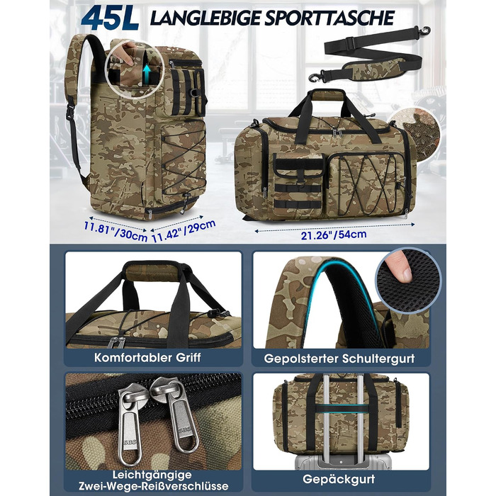 Спортивна сумка RAINSMORE 45L 3-в-1 для фітнесу та подорожей з відділенням для взуття та вологих речей, водонепроникна дорожня сумка (Хакі Камуфляж)