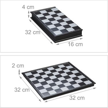 Шахи Relaxdays 3-в-1: шахи, шашки, нарди. Магнітний, складаний, 32x32 см, чорний/білий