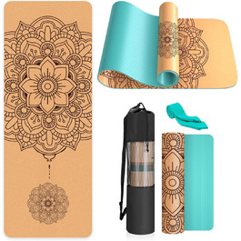 Килимок для йоги з корку – антиковзаючий, з унікальним дизайном мандали, з натурального каучуку TPE, для дому, фітнесу, пілатесу, аеробіки, з сумкою та ремінцем, блакитний