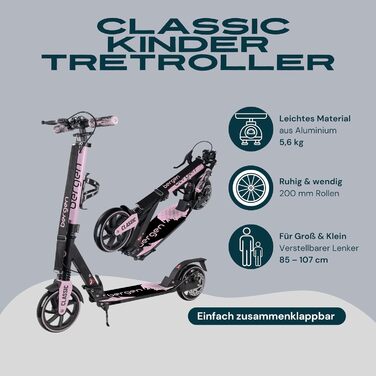 Самокат міський Bergen City Scooter Classic складаний - 200 мм колеса, дискове та ножне гальмо, 2 амортизатори, алюмінієвий, регульована висота, для дітей від 6 років та дорослих до 100 кг (Рожевий)