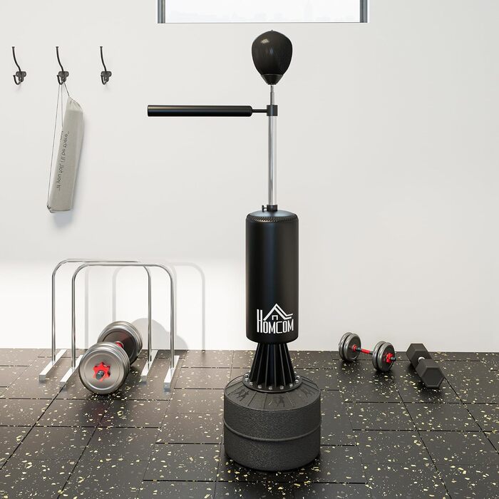 Боксерський мішок підлоговий HOMCOM 155-205 см з регулюванням висоти, рукавицями, помпою та рефлекс-баром для боксу та кікбоксингу (чорний)