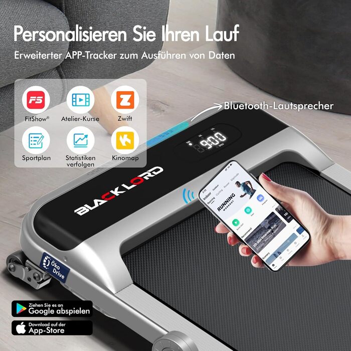 Електрична бігова доріжка BLACK LORD MS2H з нахилом 9%, 3.2 к.с., Walking Pad 4-в-1 для дому та офісу, 12 програм, вбудований динамік, до 140 кг, срібляста (з поручнем)
