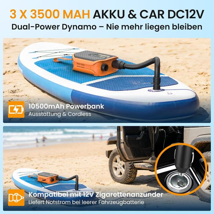 Насос електричний TowerTop для SUP дошки, каяків, автомобілів: 50 PSI, 12V, 8 насадок, акумулятор 10500mAh, помпа двосторонньої дії