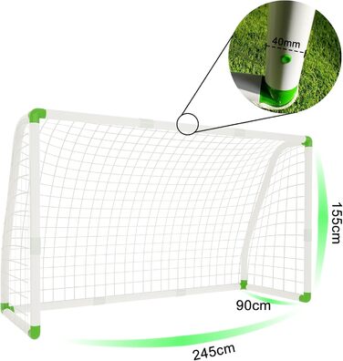 Футбольні ворота YRHome PVC 245x155 см для дітей, саду та пляжу – стійкі до будь-якої погоди, з сіткою, для парку, ігрового майданчика, тренувань, двору