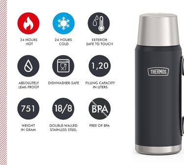 Термос Thermos Icon 1,2 л графітовий, ізольована пляшка з чашкою, тримає тепло/холод 24 години, BPA-free, для напоїв, зручна ручка, придатний для миття в посудомийці