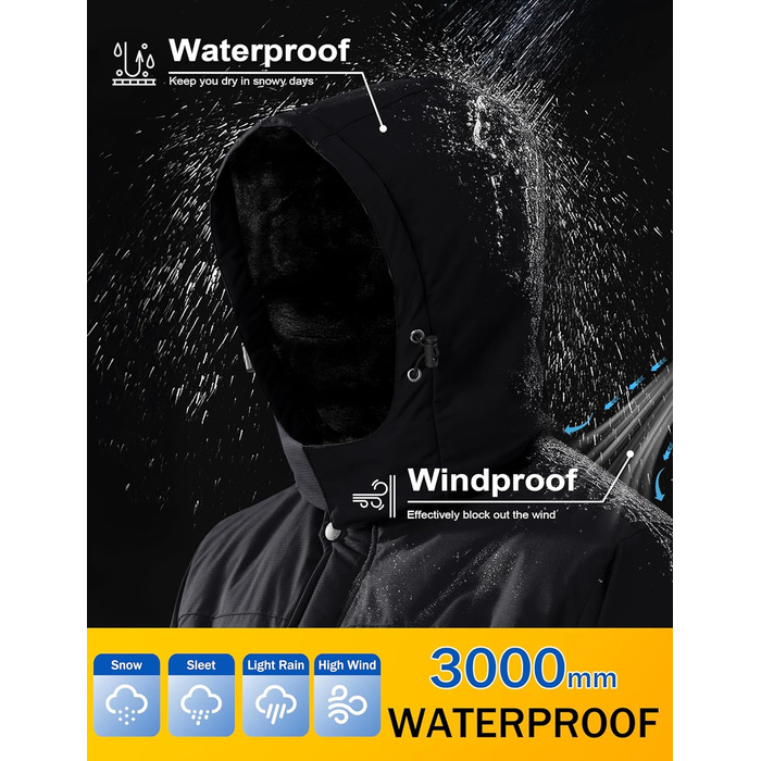 Чоловіча куртка MAGCOMSEN для сноубордингу та катання на лижах, тепла флісова куртка, водонепроникна, вітрозахисна, для активного відпочинку, знімний капюшон, чорний, XL