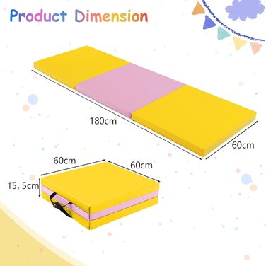 Складаний гімнастичний мат KOMFOTTEU 180x60x5 см, товстий м'який мат для фітнесу йоги з ременем для перенесення, нековзний, жовтий + рожевий