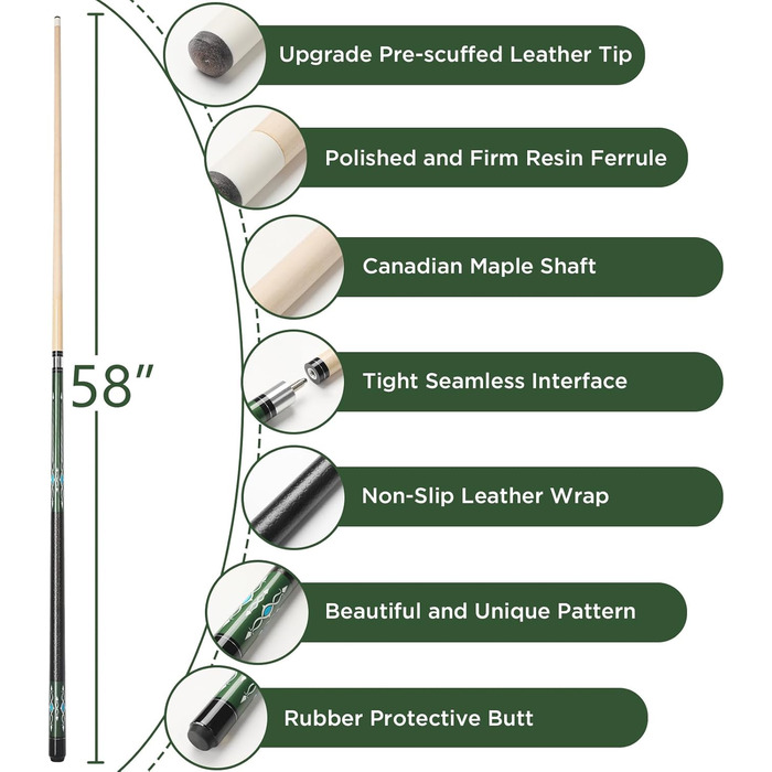 Більярдний кий 18/19/20/21 oz, 58' - професійний кий для більярду з наконечником 13mm, 1/2 кий для ігор 8/9 куль (зелений, 19oz)