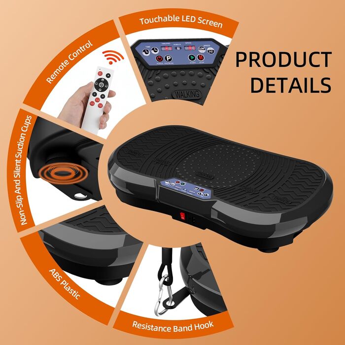 Вібраційна платформа TLGREEN з надтихим мотором, 120 рівнів + 10 програм тренувань, з пультом дистанційного керування, тренувальні гумки, для тренувань всього тіла, схуднення, L-59x34x13cm, чорний