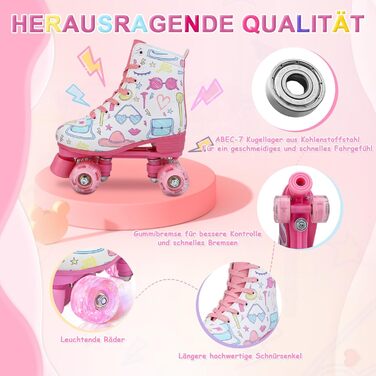 Роликові ковзани XUDREZ з підсвічуванням для дітей та дорослих, рожевий принт, квадроколісні, регульовані, для дівчаток, дам та початківців (37)