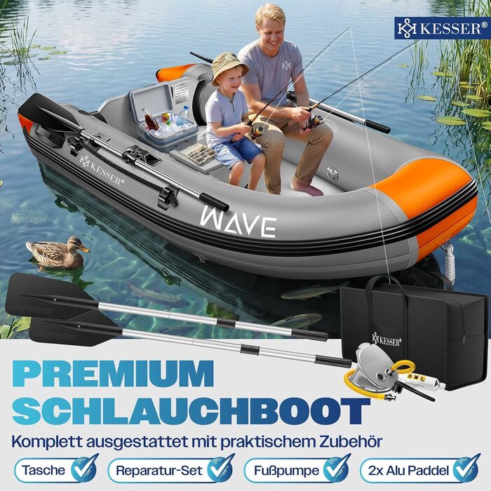 Надувний човен KESSER Wave 230-320 см (6 предметів): човен, лава, насос, весла, ремкомплект, сумка. Можливість встановлення мотора, для солоної води (Сірий/Помаранчевий, 2.30м)