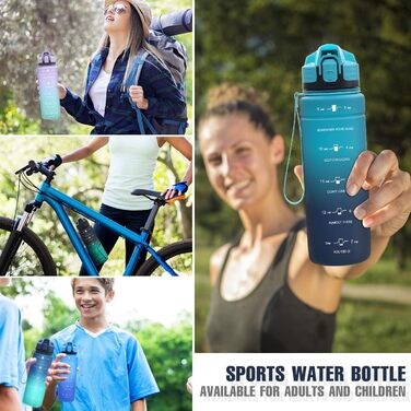 Спортивна пляшка для води Tritan 1L/500ml/700ml/1500ml, BPA-free, з маркуванням часу, витокозахисна, для фітнесу, велосипеду, відпочинку, йоги, спортзалу, школи, 1000ml, темно-зелений, темно-синій