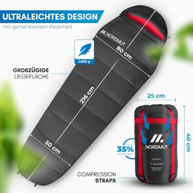 Сплячий мішок NORDMUT® для дорослих – компактний та ультралегкий (900/1500г) – для 3 сезонів (250 GSM) та літній (100 GSM) – спальний мішок-кокон для кемпінгу, відпочинку на природі та фестивалів (сірий, спальний мішок для 3 сезонів)