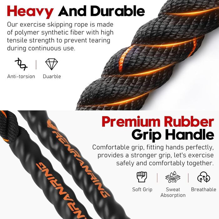 Стрибковий скакалка з вагою для фітнесу - 1,4 кг, 2,56 кг, 3 кг, 4 кг. Скакалка для тренувань, для жінок та чоловіків, для залу, з планом домашніх тренувань, оранжево/чорний
