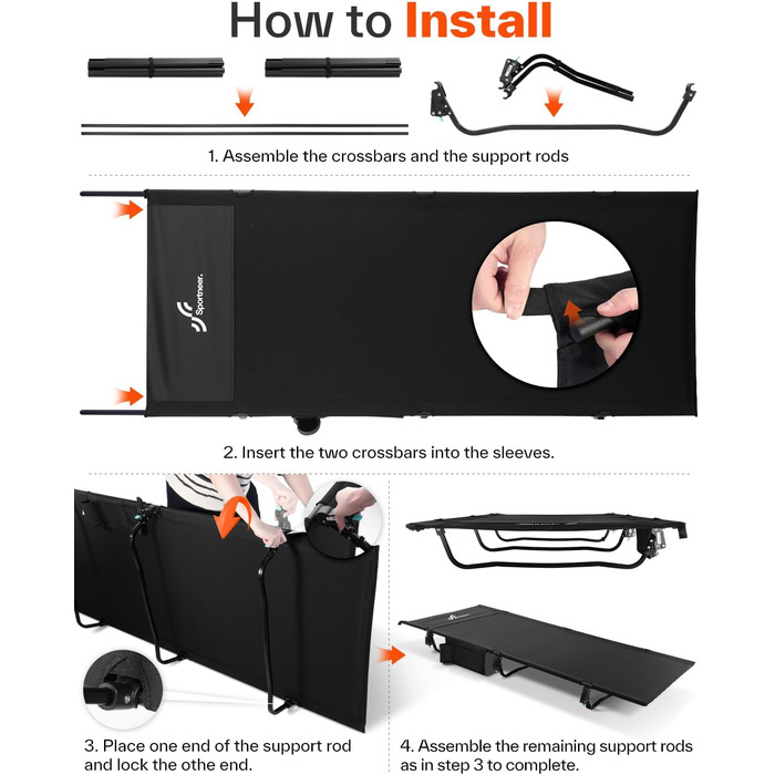 Розкладне ліжко Sportneer для кемпінгу та відпочинку на природі: легке, компактне, алюмінієве (190x70 см)