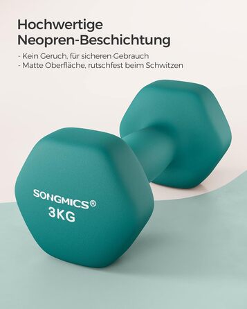 Гантелі SONGMICS 2 x 3 кг, шестигранні, неопрентове покриття, набір для фітнесу та силових тренувань вдома, аквамаринові
