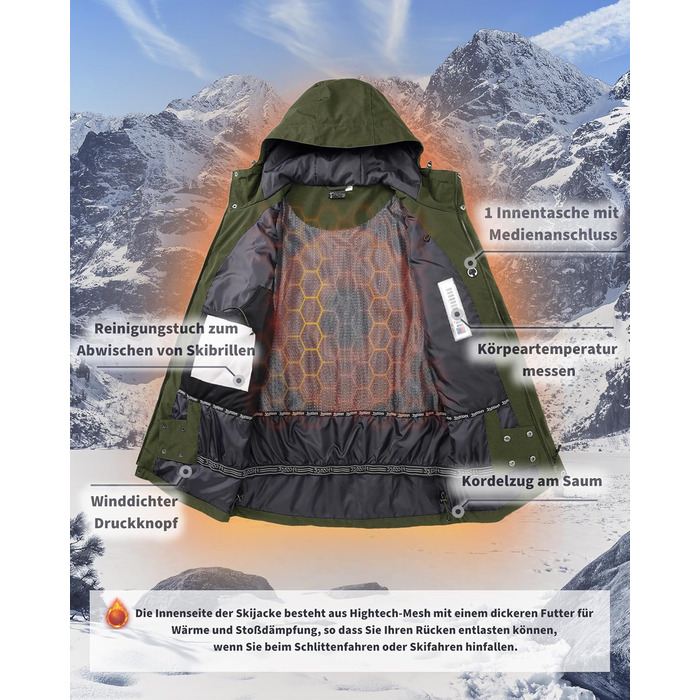 Чоловіча лижна куртка 33,000ft: Водонепроникна, вітронепроникна, тепла, функціональна куртка для сноуборду та лижного відпочинку (армійний зелений, L)