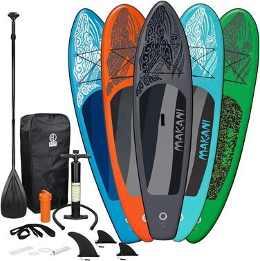 Надувна SUP-дошка ECD Germany Makani 320 см, PVC, алюмінієве весло, повний комплект, синя/помаранчева/чорна/бірюзова/зелена – для веслування, серфінгу, універсальна дошка