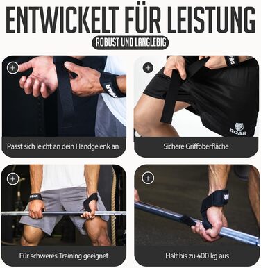 Роар® ремені для підйому штанги (м'які) для силових тренувань, бодібілдингу, фітнесу - ремені для тяги - підйомні ремені - для жінок та чоловіків (Чорний)