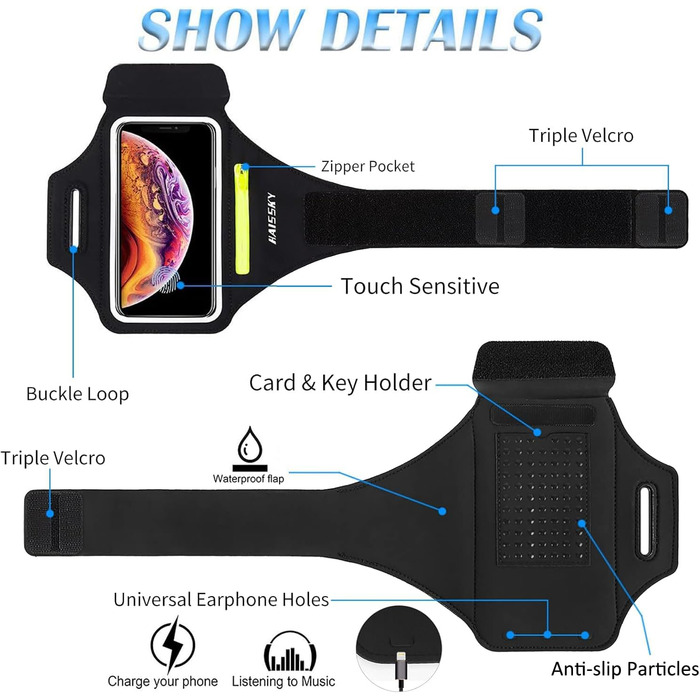 Спортивний браслет для телефону Guzack: універсальний, для бігу, до 6.9' (синьо-чорний)