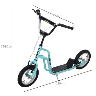 HOMCOM Scooter Kick Scooter Дитячий самокат Міський самокат з 12 дюймовими пневматичними шинами, кікборд для дітей від 5 років, синій, регульований 120x58x75-80см