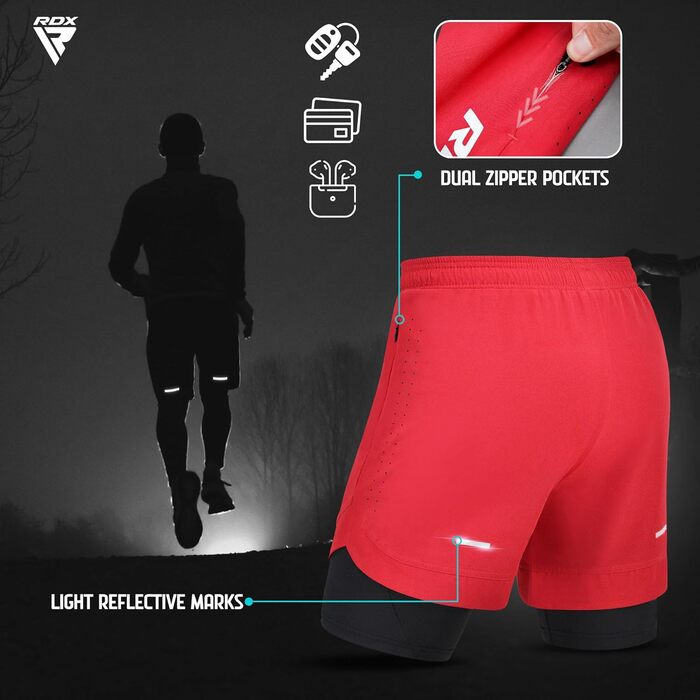 Шорти для бігу RDX для чоловіків, компресійні шорти 2-в-1, спортивні шорти для тренувань з кишенями на блискавці, ідеальні для фітнесу, бігу, плавання, йоги та велоспорту, червоні