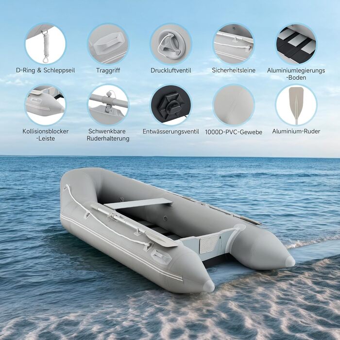 Надувне човен CO-Z для 2-4 осіб, сірий: 230x130x33см / 300x150x42см з веслами та насосом. Рибальський човен з алюмінієвим дном та сидінням.