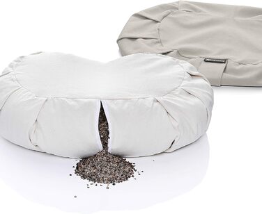 Подушка для йоги BODYMATE Halbmond 42x30x15 см, сіра, з гречаним лушпинням, знімний чохол з бавовни
