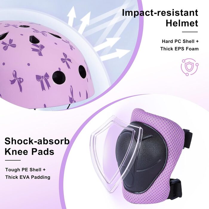 Дитячий шолом Kinder для дівчаток 8-14 років з повним захистом: наколінники та налокітники. Регульований шолом для ролера, велосипеда, скейтборда. Фіолетовий, 52-58 см