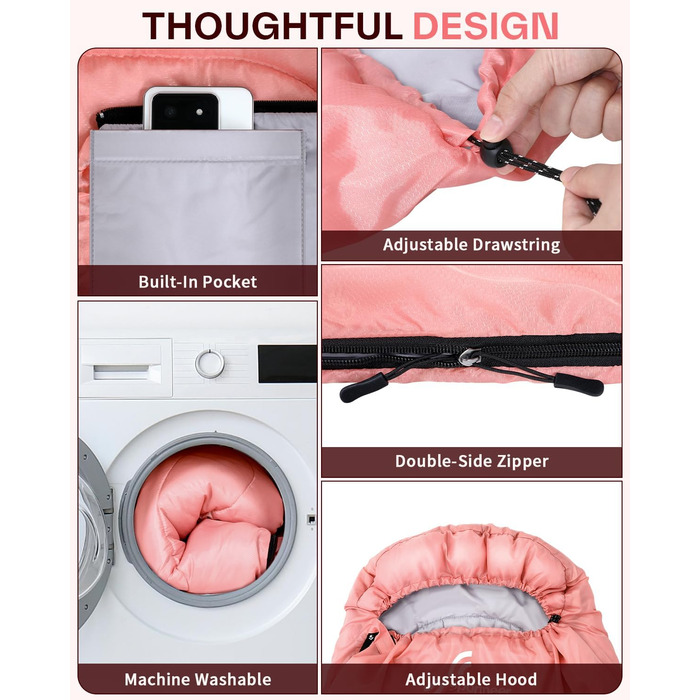 Сплячий мішок Sportneer Outdoor - ковдровий спальний мішок 3-4 сезони для дорослих, теплий, для кемпінгу, подорожей та активного відпочинку (200x85 см, Рожевий)