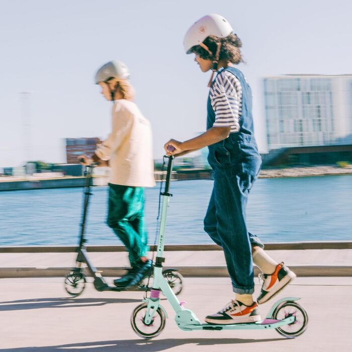 Електросамокат Movino City Light для дітей та підлітків: LED, амортизатори, колеса 180мм, регульований кермо, протиковзкі ручки (М'ятний/Рожевий)