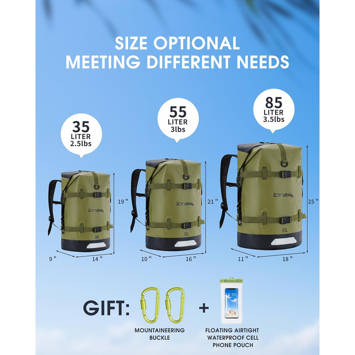 Водонепроникний рюкзак IDRYBAG 55L для подорожей, каякінгу, плавання та paddle-boarding, зелений