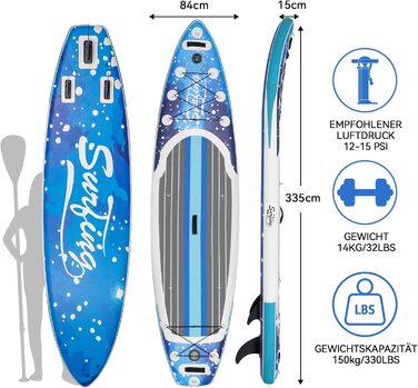 Надувна SUP-дошка ZealWe 320/335 см з веслом, сидінням, рюкзаком і насосом, для серфінгу та веслування стоячи, до 150 кг
