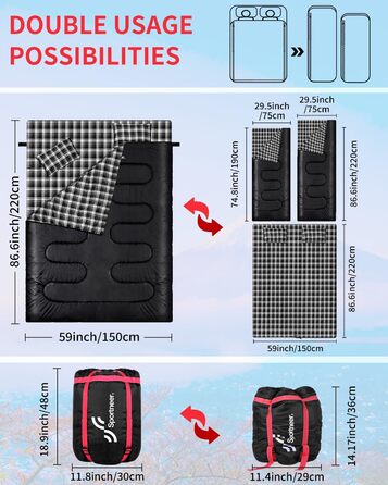 Сплячий мішок Outdoor Sportneer для 2 осіб: двомісний спальний мішок для кемпінгу, 3 сезони, 220x150 см, 2.75 кг, з 2 подушками, для дорослих, чорний (без фланелевої підкладки)