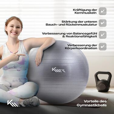 Гімнастичний м'яч KM-Fit 65 см: фітнес, йога, офіс, тренування, без BPA, сірий