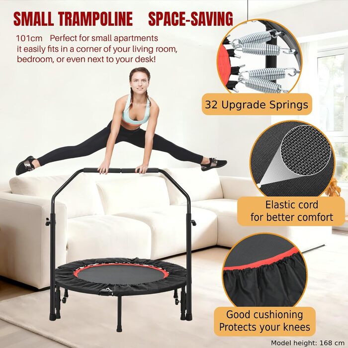 Міні-трампліна LIFERUN 101 см для дому, фітнес-тренажер, 150 кг, регульовані ручки, червоний