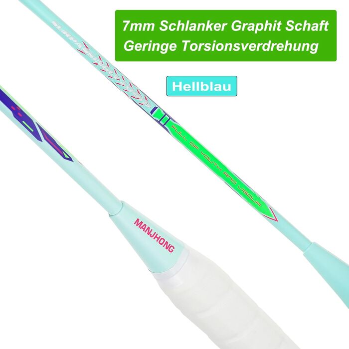 Набір для бадмінтона з 2 графітовими ракетками - зносостійкий дизайн - комплект для дорослих (вкл. воланчики, обмотка, сумка) (блакитний+чорний)