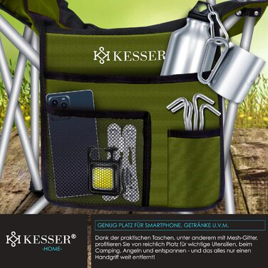 Крісло для кемпінгу KESSER® з підлокітниками, 150 кг, з підсвіткою, тримачем для напоїв, хакі/чорний