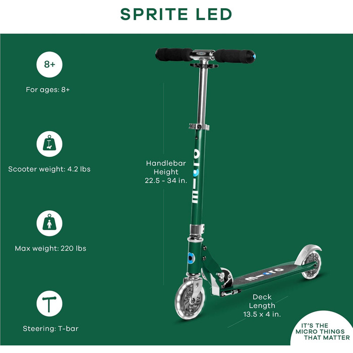 Дитячий самокат micro Sprite LED з підсвіткою, складаний, регульований кермо, для дітей від 5 років, у 6 кольорах
